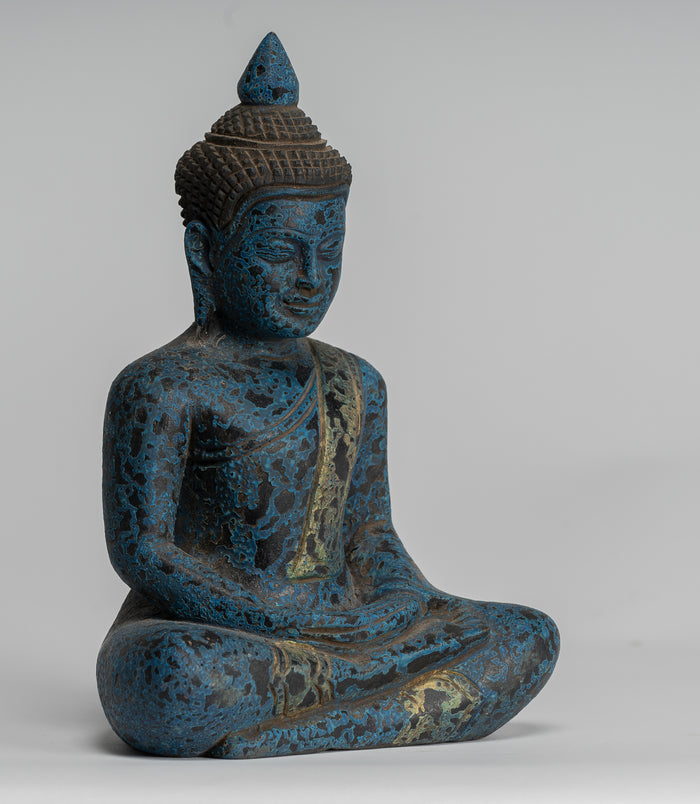 Buddha Sculpture - Antique Khmer Style Wood Seated Buddha Statue Dhyana Meditation Mudra - 22cm/9"