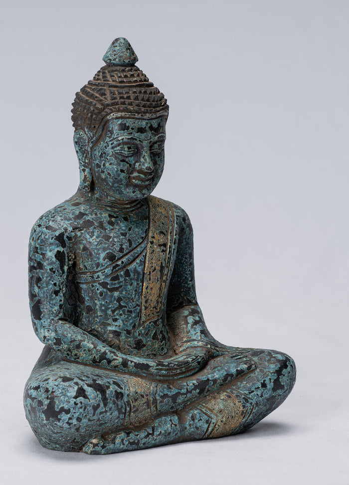 Buddha Sculpture - Antique Khmer Style Wood Seated Buddha Statue Dhyana Meditation Mudra - 21cm/8"