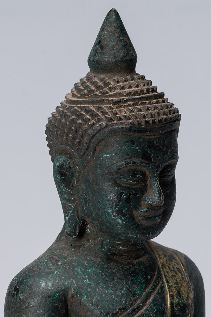 Buddha Sculpture - Antique Khmer Style Wood Seated Buddha Statue Dhyana Meditation Mudra - 21cm/8"