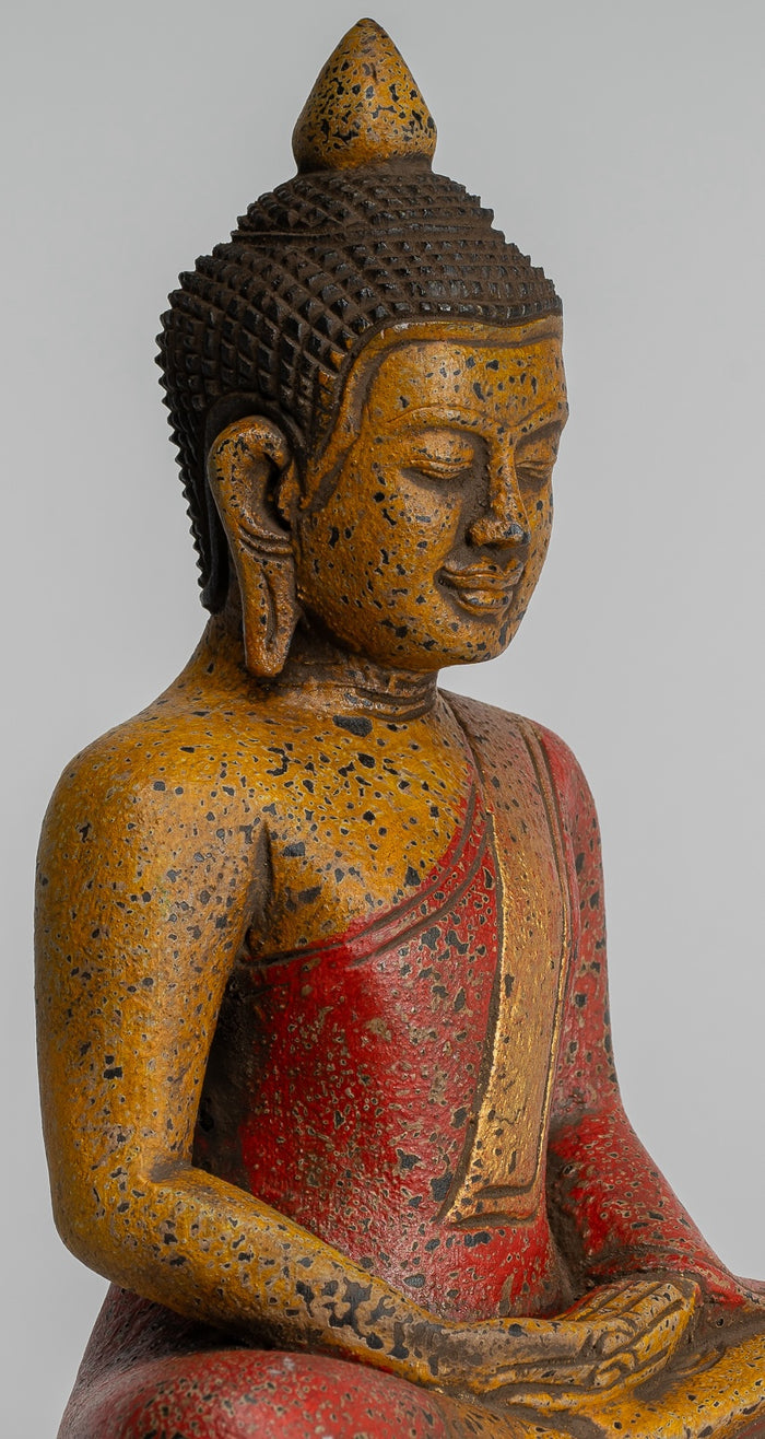 Buddha Sculpture - Antique Khmer Style Wood Seated Buddha Statue Dhyana Meditation Mudra - 27cm/11"