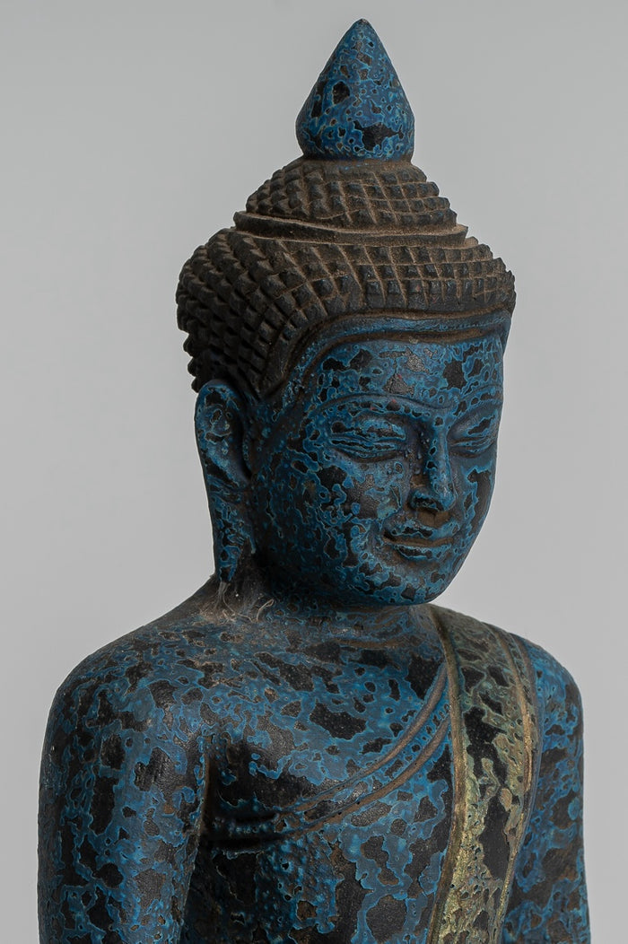 Buddha Sculpture - Antique Khmer Style Wood Seated Buddha Statue Dhyana Meditation Mudra - 22cm/9"