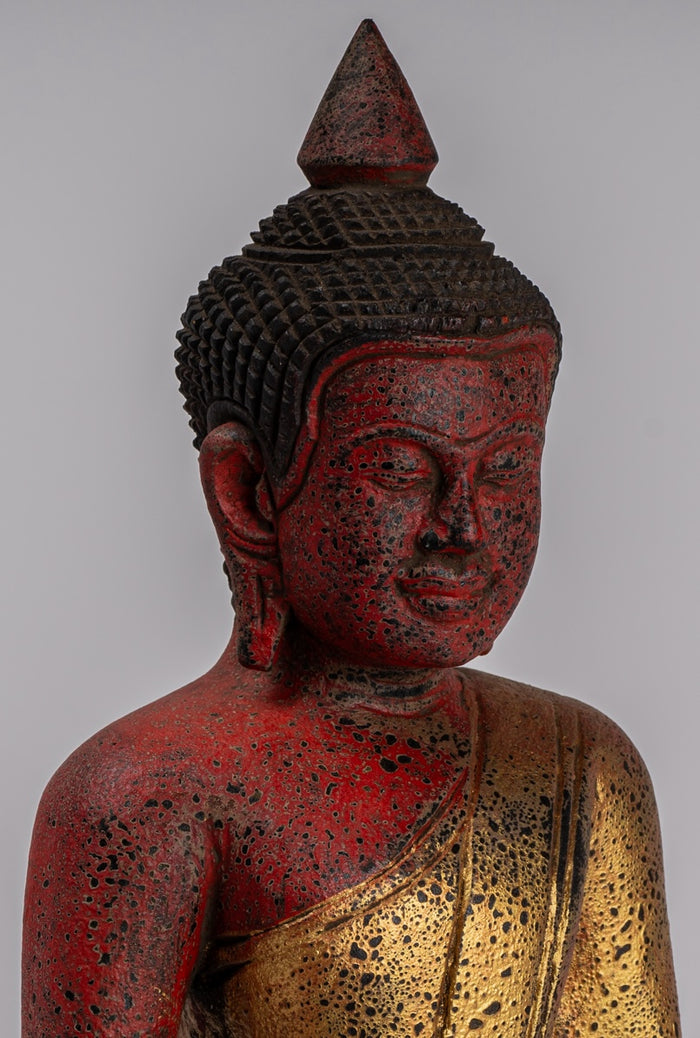 Buddha Sculpture - Antique Khmer Style Wood Seated Buddha Statue Dhyana Meditation Mudra - 27cm/11"
