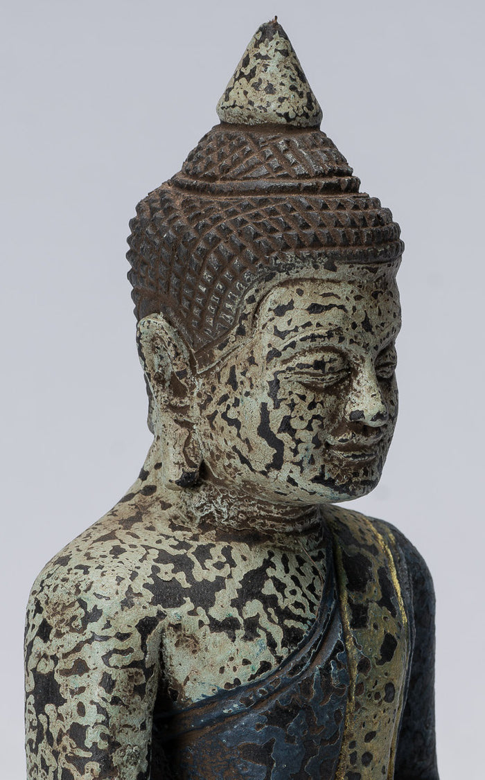 Buddha Sculpture - Antique Khmer Style Wood Seated Buddha Statue Dhyana Meditation Mudra - 21cm/8"