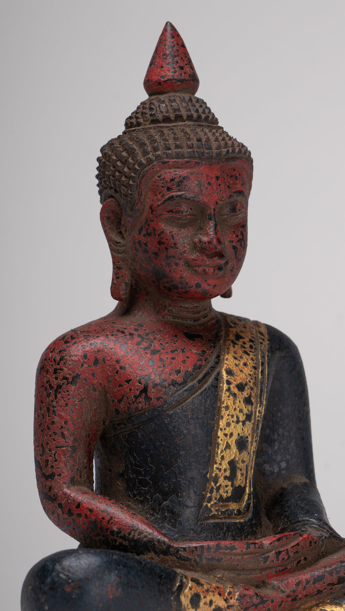Buddha Sculpture - Antique Khmer Style Wood Seated Buddha Statue Dhyana Meditation Mudra - 21cm/8"