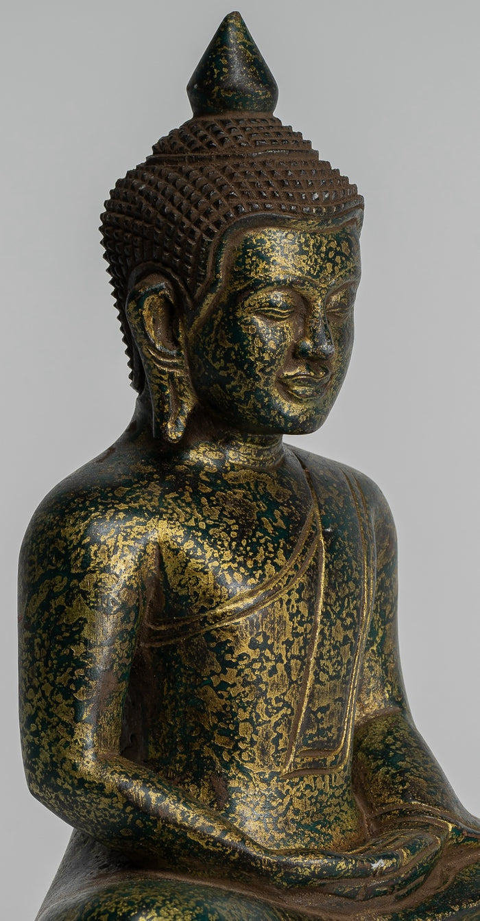 Buddha Sculpture - Antique Khmer Style Wood Seated Buddha Statue Dhyana Meditation Mudra - 28cm/11"
