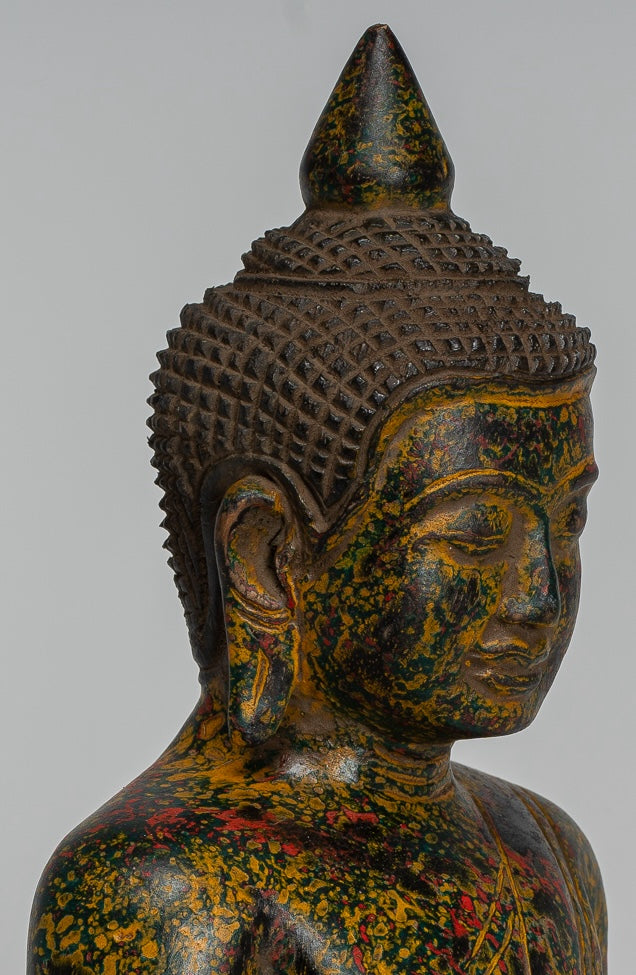 Buddha Sculpture - Antique Khmer Style Wood Seated Buddha Statue Dhyana Meditation Mudra - 27cm/11"