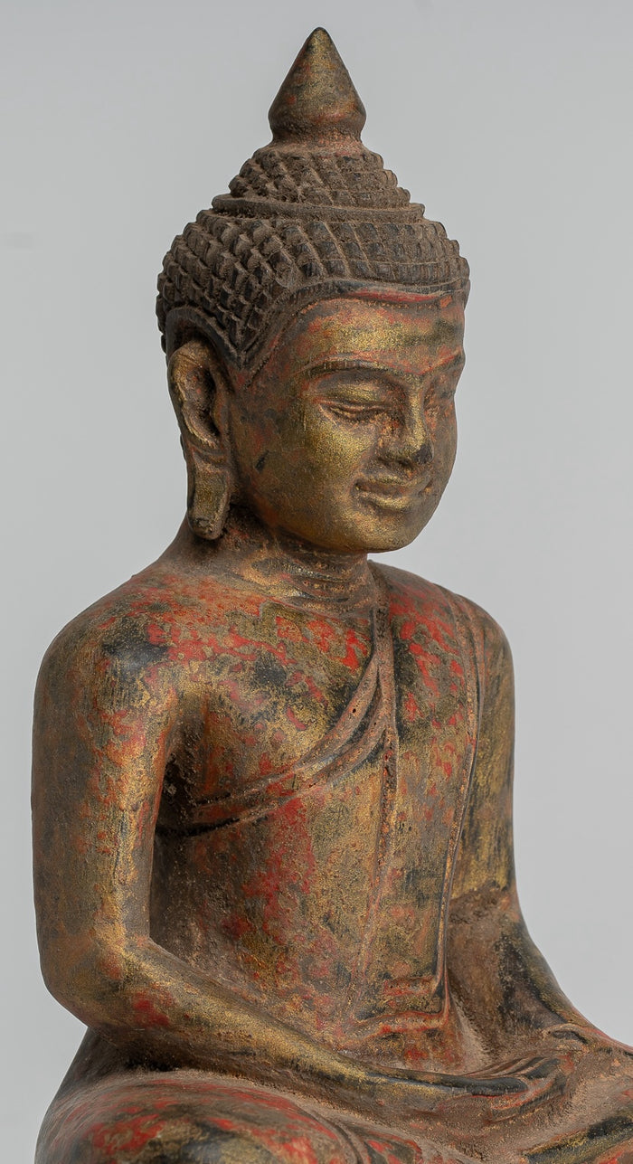 Buddha Sculpture - Antique Khmer Style Wood Seated Buddha Statue Dhyana Meditation Mudra - 20cm/8"