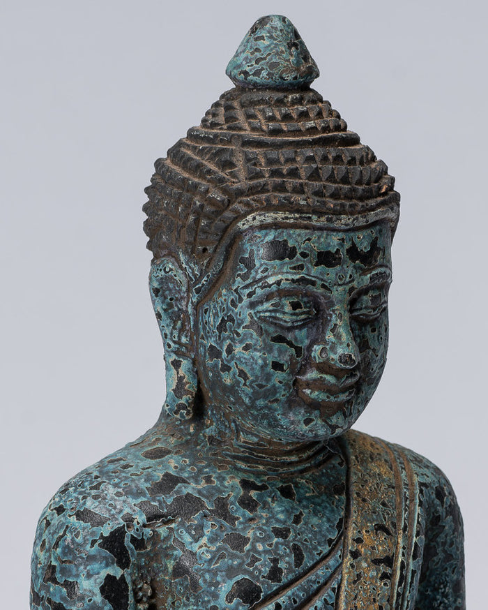 Buddha Sculpture - Antique Khmer Style Wood Seated Buddha Statue Dhyana Meditation Mudra - 21cm/8"