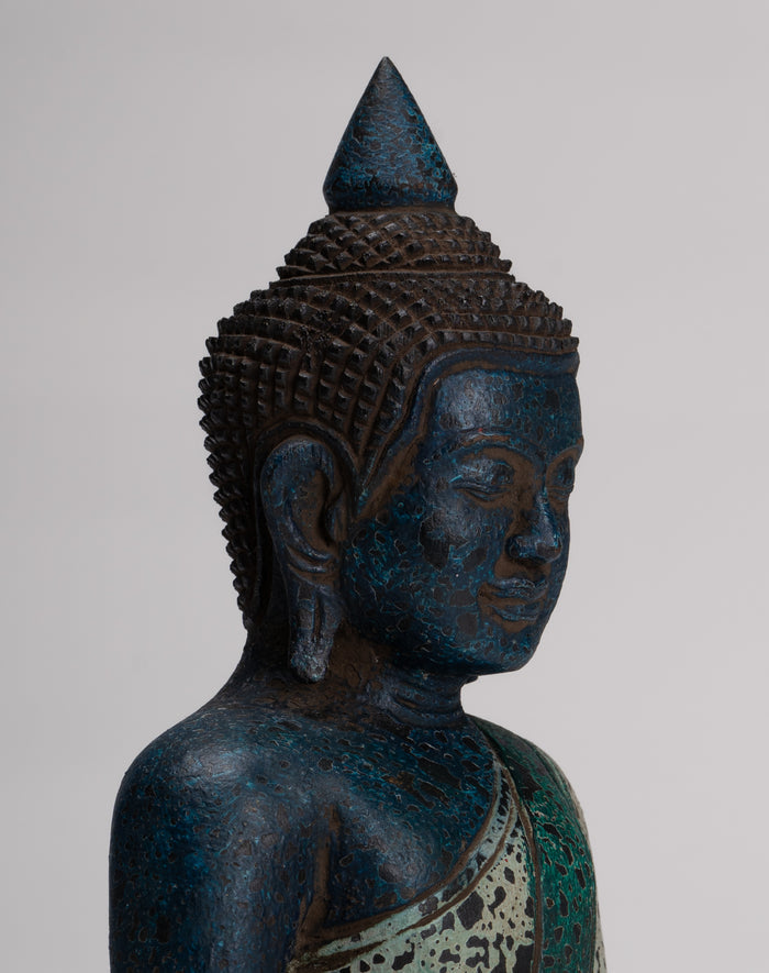 Buddha Sculpture - Antique Khmer Style Wood Seated Buddha Statue Dhyana Meditation Mudra - 27cm/11"