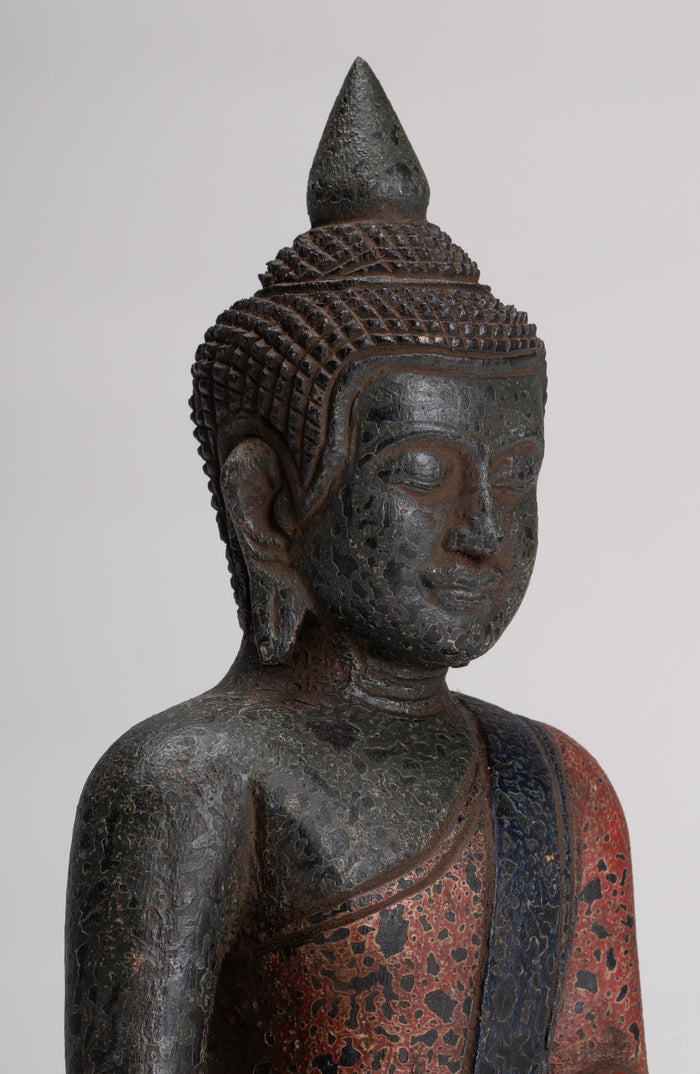 Buddha Sculpture - Antique Khmer Style Wood Seated Buddha Statue Dhyana Meditation Mudra - 27cm/11"