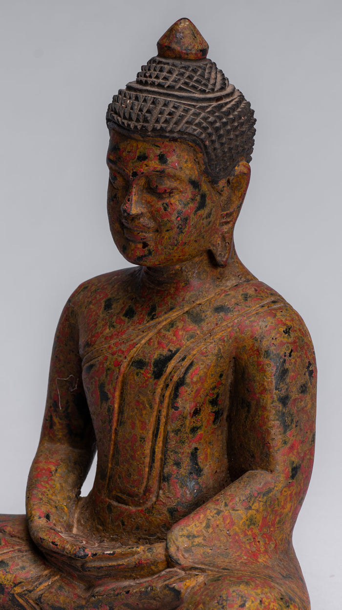 Buddha Sculpture - Antique Khmer Style Wood Seated Buddha Statue Dhyana Meditation Mudra - 26cm/10"