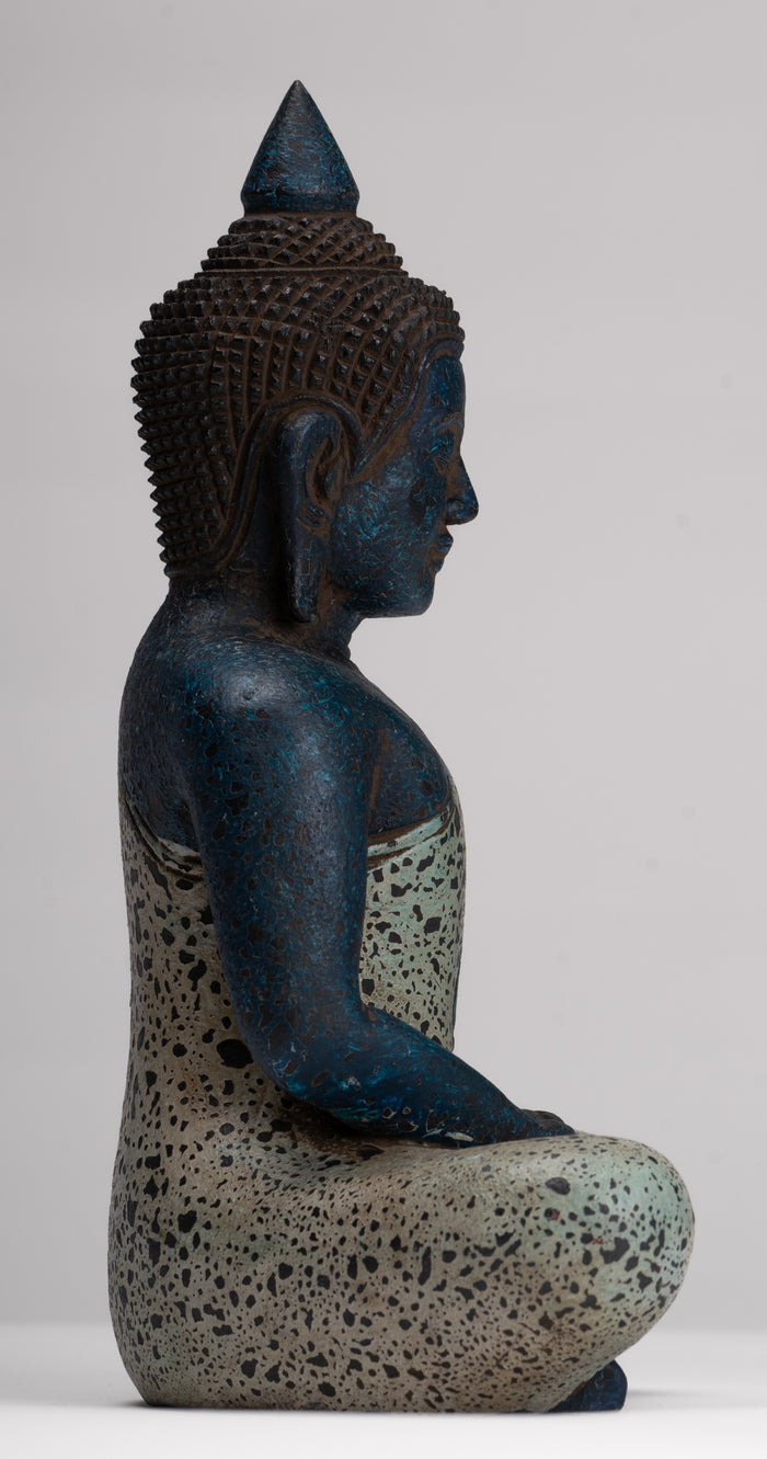 Buddha Sculpture - Antique Khmer Style Wood Seated Buddha Statue Dhyana Meditation Mudra - 27cm/11"