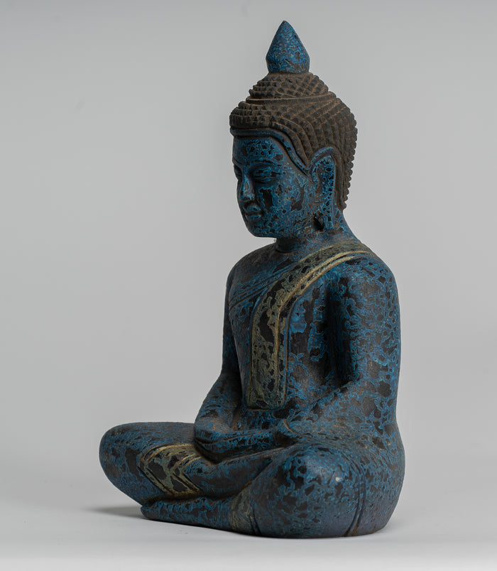 Buddha Sculpture - Antique Khmer Style Wood Seated Buddha Statue Dhyana Meditation Mudra - 22cm/9"