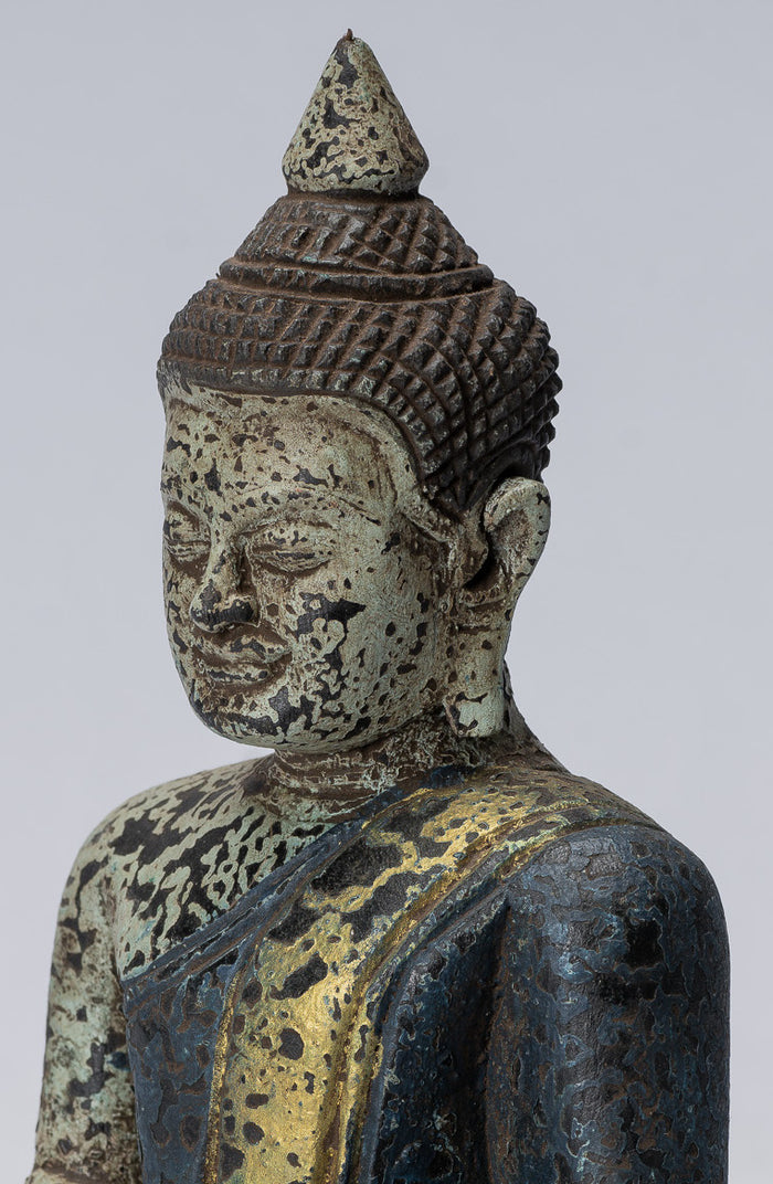Buddha Sculpture - Antique Khmer Style Wood Seated Buddha Statue Dhyana Meditation Mudra - 21cm/8"