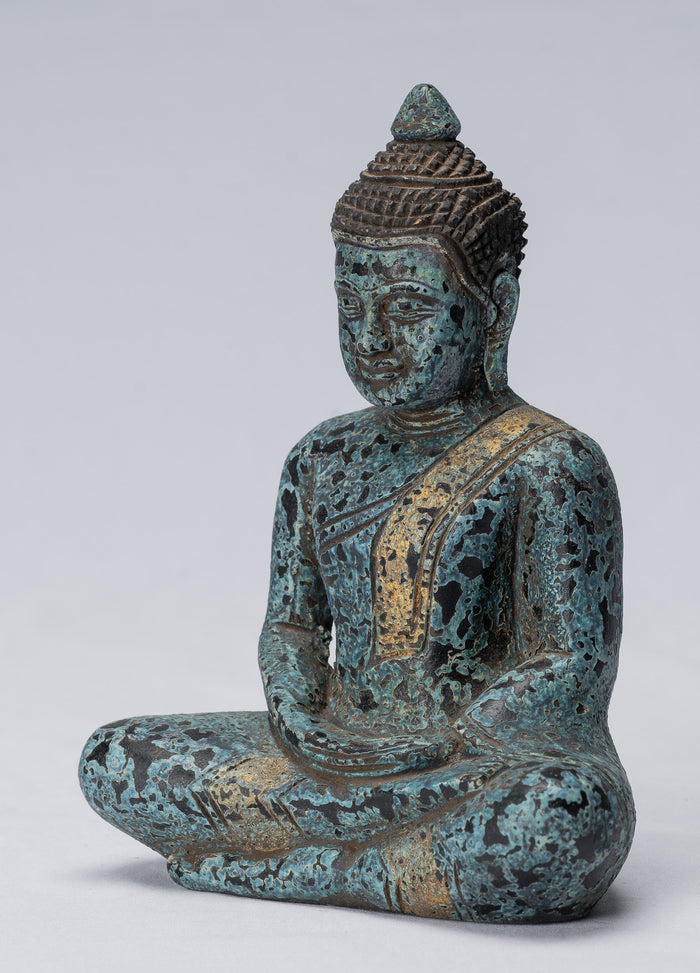 Buddha Sculpture - Antique Khmer Style Wood Seated Buddha Statue Dhyana Meditation Mudra - 21cm/8"