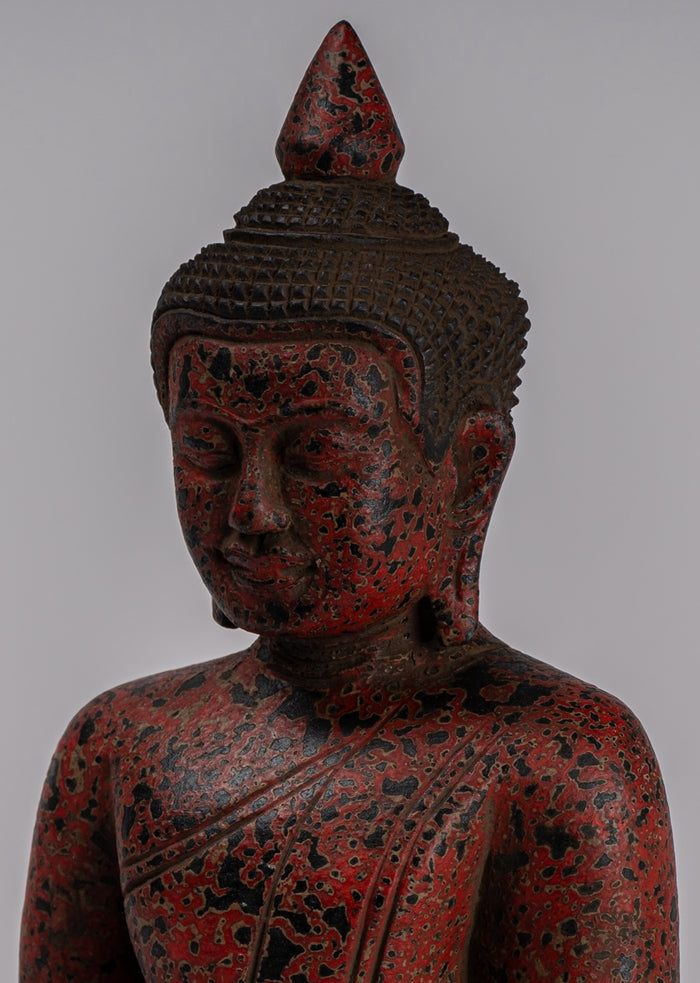 Buddha Sculpture - Antique Khmer Style Wood Seated Buddha Statue Dhyana Meditation Mudra - 26cm/10"