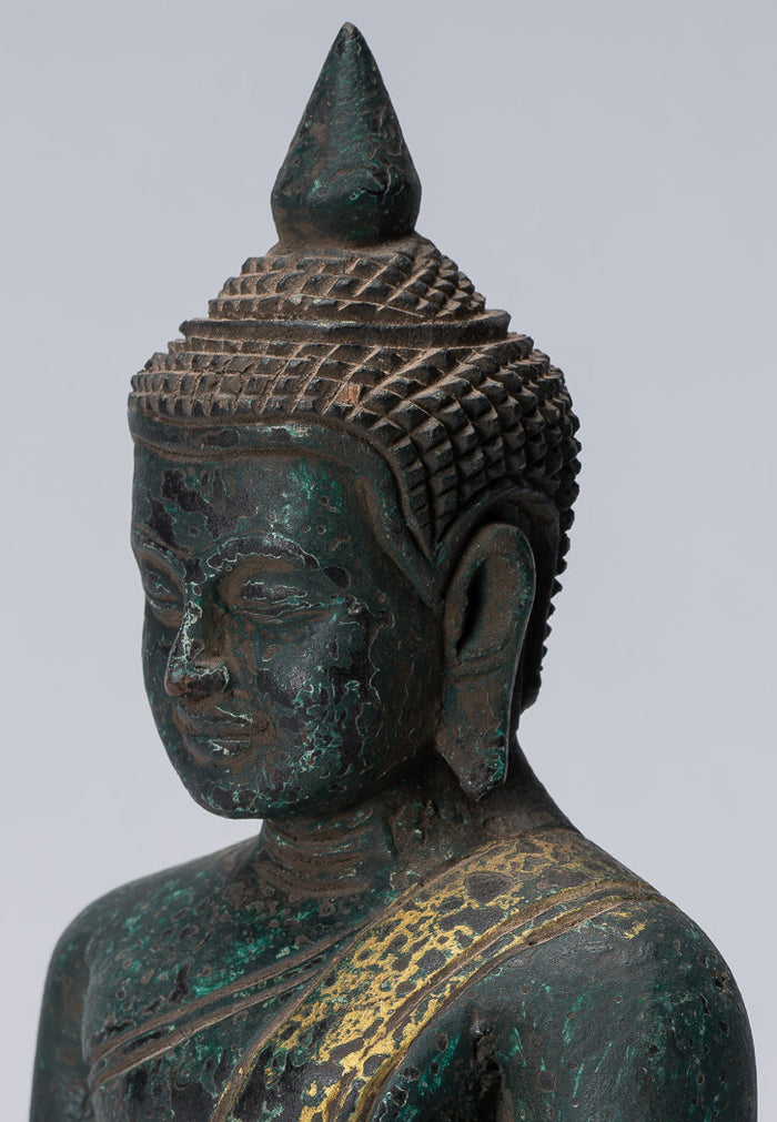 Buddha Sculpture - Antique Khmer Style Wood Seated Buddha Statue Dhyana Meditation Mudra - 21cm/8"