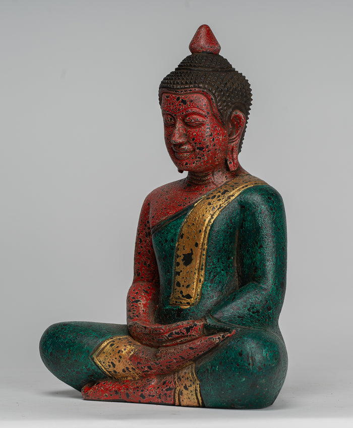Buddha Sculpture - Antique Khmer Style Wood Seated Buddha Statue Dhyana Meditation Mudra - 26cm/10"