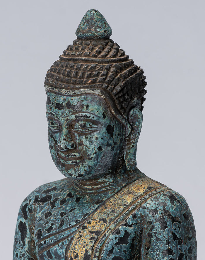Buddha Sculpture - Antique Khmer Style Wood Seated Buddha Statue Dhyana Meditation Mudra - 21cm/8"