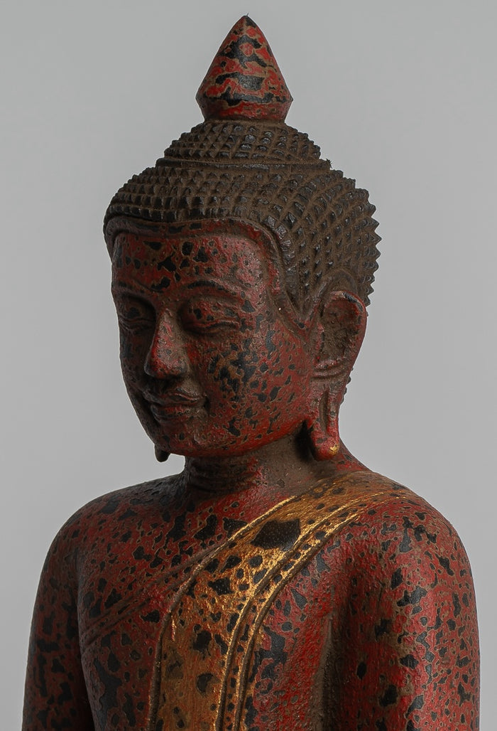 Buddha Sculpture - Antique Khmer Style Wood Seated Buddha Statue Dhyana Meditation Mudra - 28cm/11"
