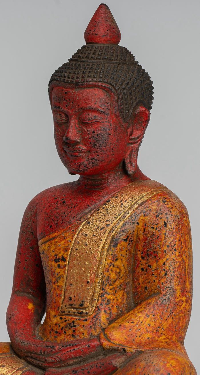 Buddha Sculpture - Antique Khmer Style Wood Seated Buddha Statue Dhyana Meditation Mudra - 27cm/11"