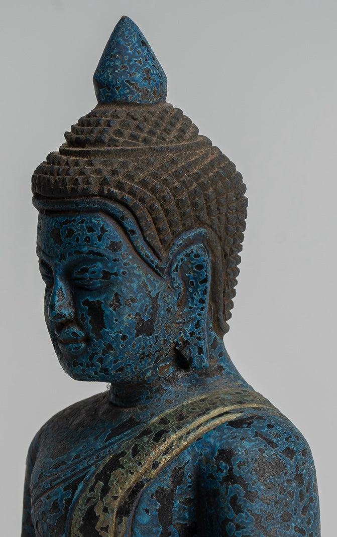 Buddha Sculpture - Antique Khmer Style Wood Seated Buddha Statue Dhyana Meditation Mudra - 22cm/9"
