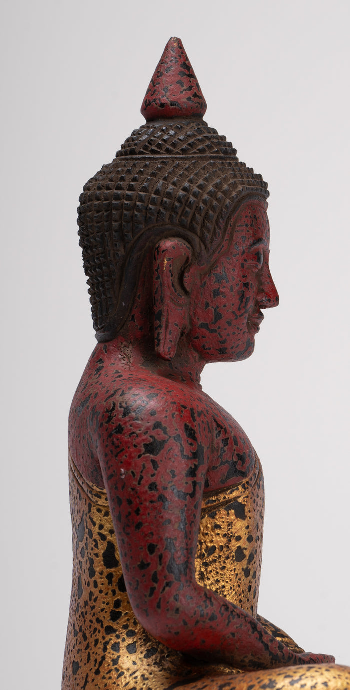 Buddha Sculpture - Antique Khmer Style Wood Seated Buddha Statue Dhyana Meditation Mudra - 27cm/11"