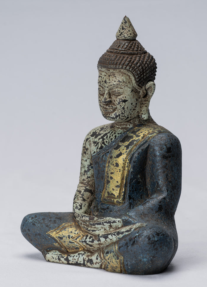 Buddha Sculpture - Antique Khmer Style Wood Seated Buddha Statue Dhyana Meditation Mudra - 21cm/8"