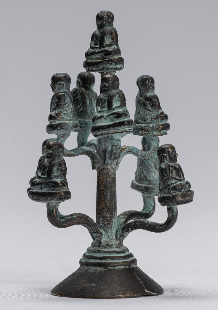Buddha Sculpture - Antique Thai Style Bronze Happy, Fat, Laughing Buddha Budai Statues - 13cm/5"