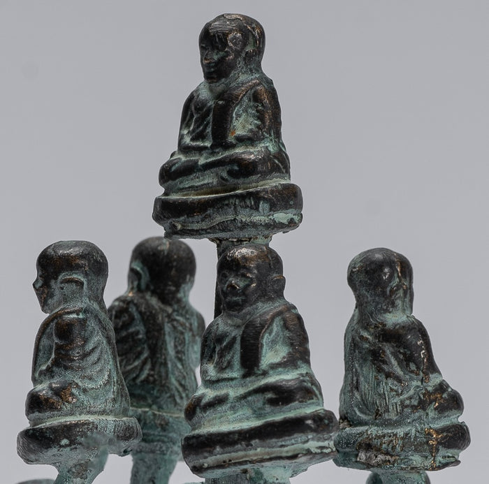 Buddha Sculpture - Antique Thai Style Bronze Happy, Fat, Laughing Buddha Budai Statues - 13cm/5"