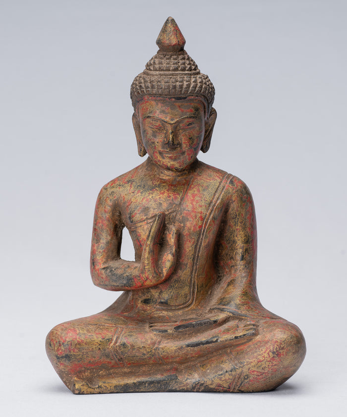 Buddha Sculpture - Buddha - Antique Khmer Style Seated Wood Buddha Statue Teaching Mudra - 21cm/8"