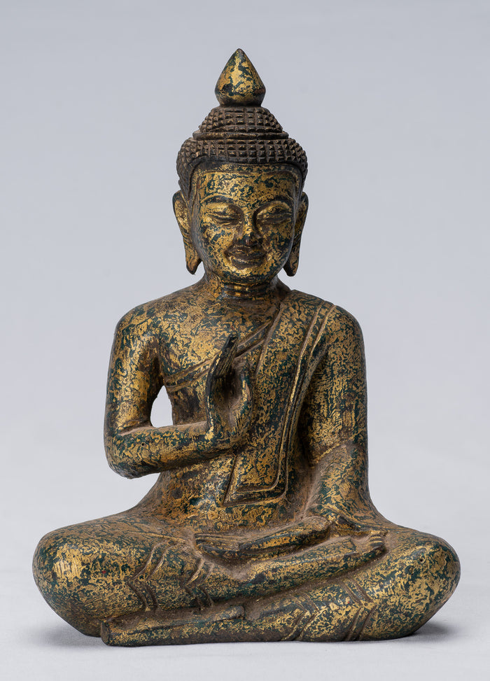 Buddha Sculpture - Buddha - Antique Khmer Style Seated Wood Buddha Statue Teaching Mudra - 21cm/8"