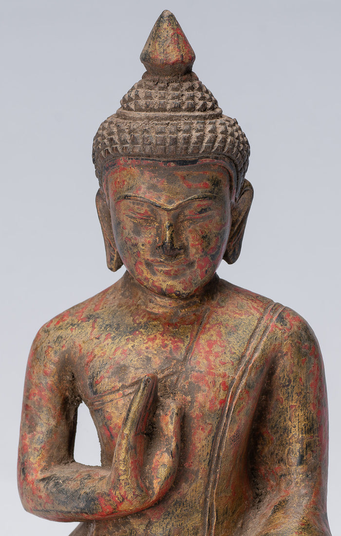 Buddha Sculpture - Buddha - Antique Khmer Style Seated Wood Buddha Statue Teaching Mudra - 21cm/8"