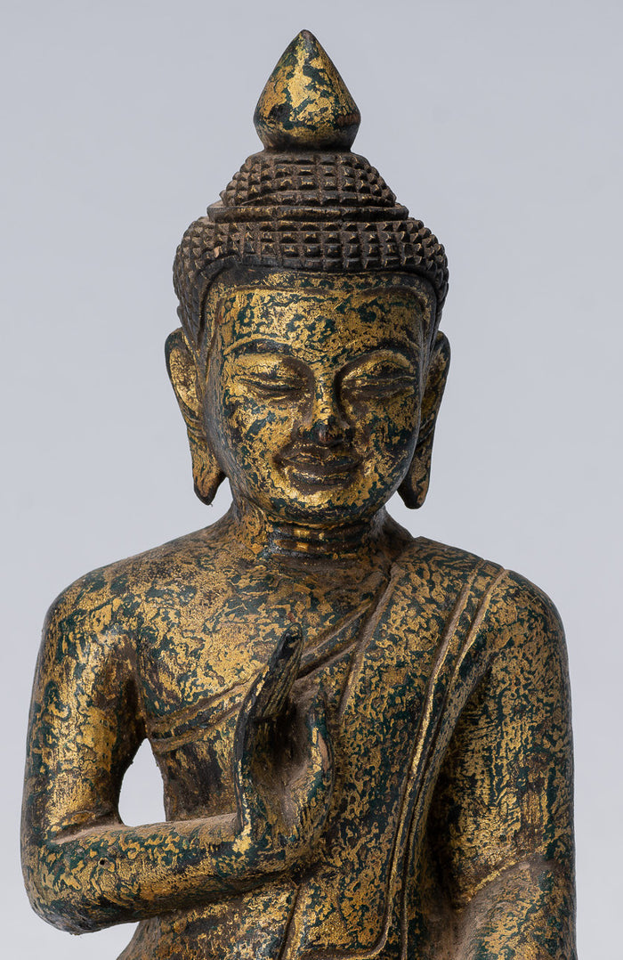 Buddha Sculpture - Buddha - Antique Khmer Style Seated Wood Buddha Statue Teaching Mudra - 21cm/8"