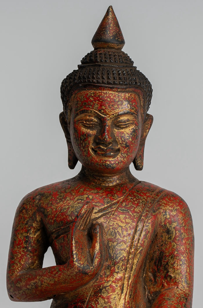Buddha Sculpture - Buddha - Antique Khmer Style Seated Wood Buddha Statue Teaching Mudra - 20cm/8"