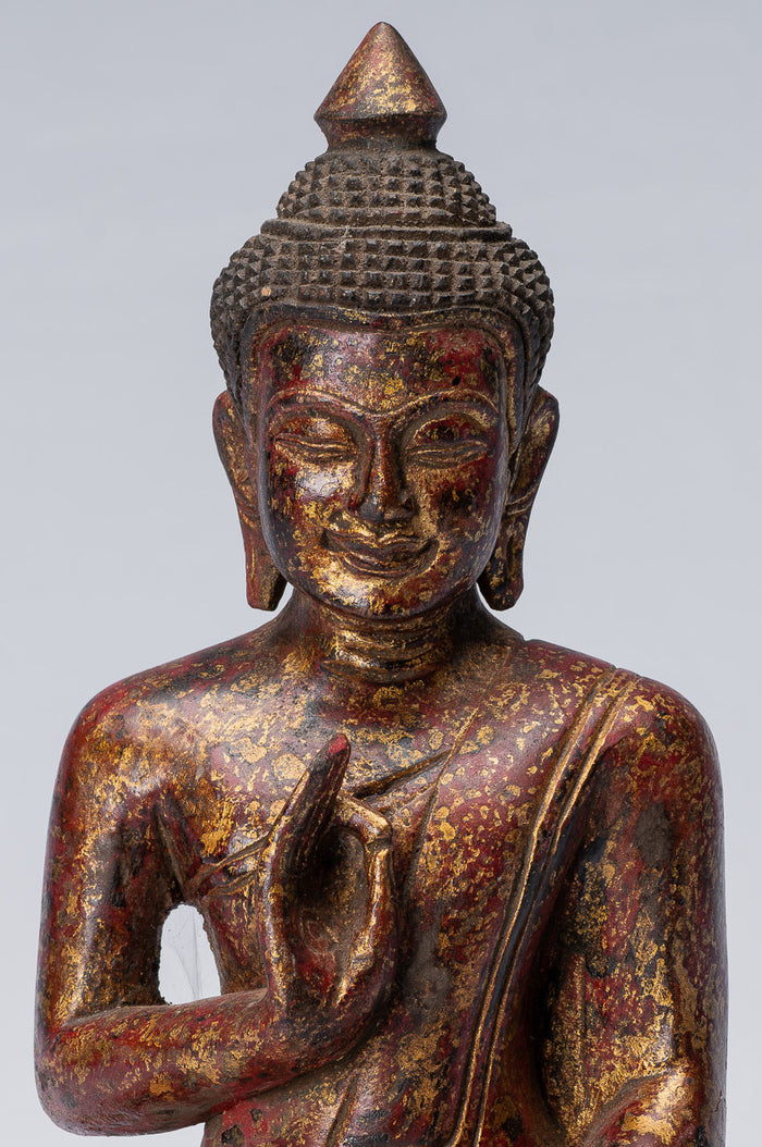 Buddha Sculpture - Buddha - Antique Khmer Style Seated Wood Buddha Statue Teaching Mudra - 27cm/11"