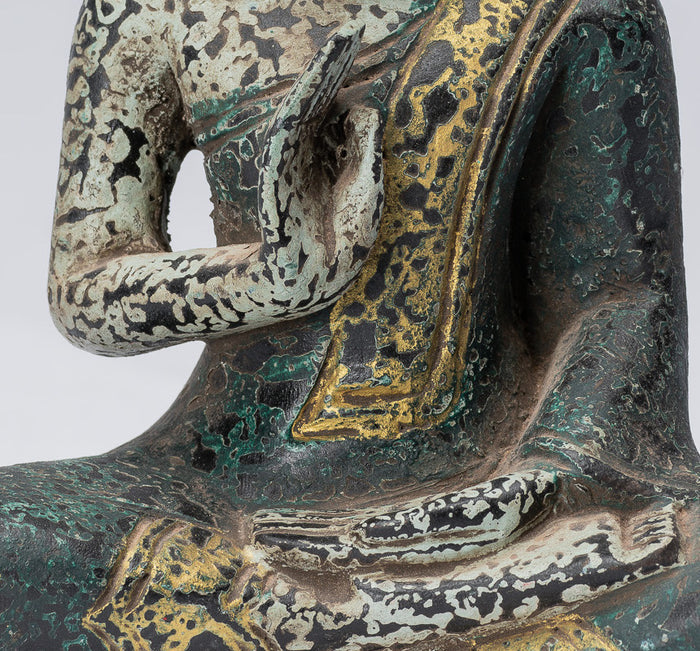 Buddha Sculpture - Buddha - Antique Khmer Style Seated Wood Buddha Statue Teaching Mudra - 21cm/8"