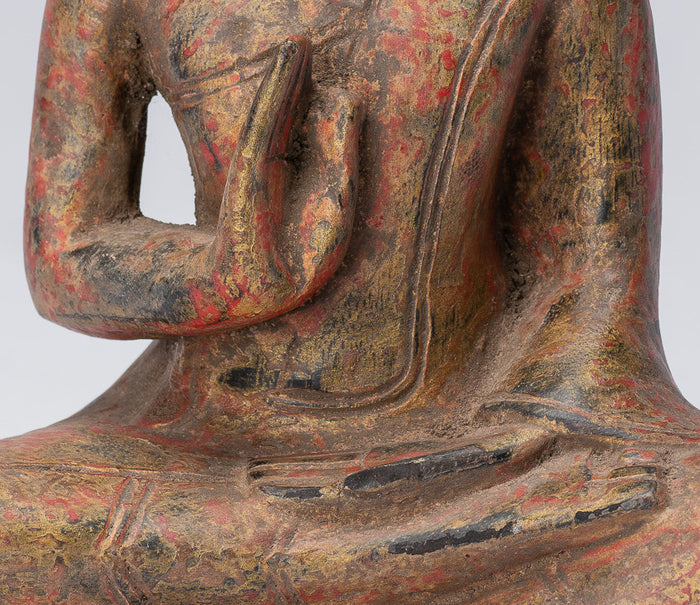 Buddha Sculpture - Buddha - Antique Khmer Style Seated Wood Buddha Statue Teaching Mudra - 21cm/8"