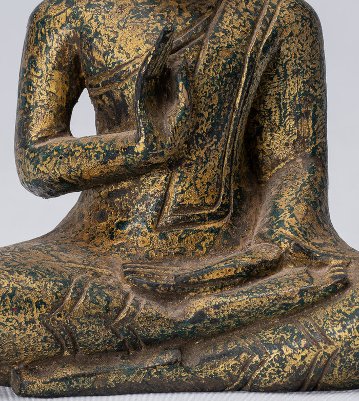 Buddha Sculpture - Buddha - Antique Khmer Style Seated Wood Buddha Statue Teaching Mudra - 21cm/8"