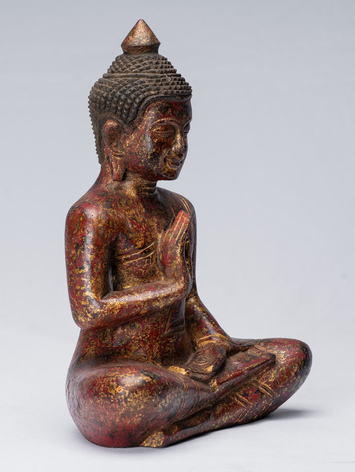 Buddha Sculpture - Buddha - Antique Khmer Style Seated Wood Buddha Statue Teaching Mudra - 27cm/11"
