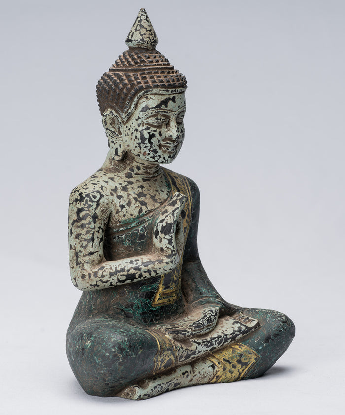 Buddha Sculpture - Buddha - Antique Khmer Style Seated Wood Buddha Statue Teaching Mudra - 21cm/8"
