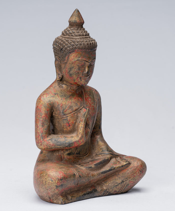 Buddha Sculpture - Buddha - Antique Khmer Style Seated Wood Buddha Statue Teaching Mudra - 21cm/8"