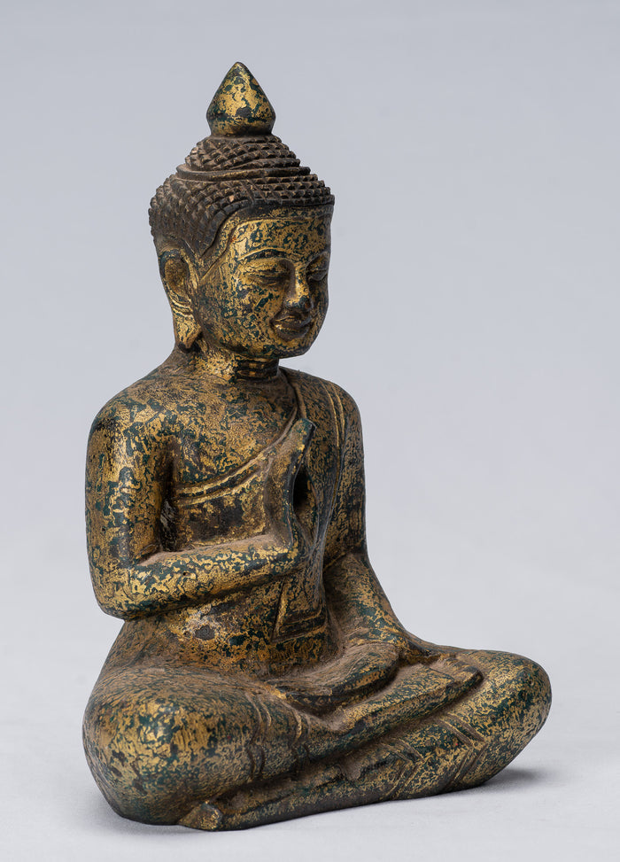 Buddha Sculpture - Buddha - Antique Khmer Style Seated Wood Buddha Statue Teaching Mudra - 21cm/8"