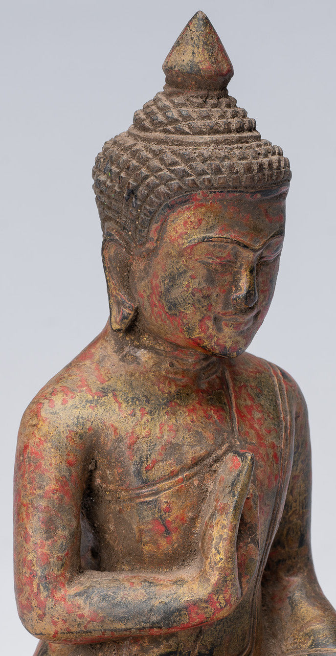 Buddha Sculpture - Buddha - Antique Khmer Style Seated Wood Buddha Statue Teaching Mudra - 21cm/8"