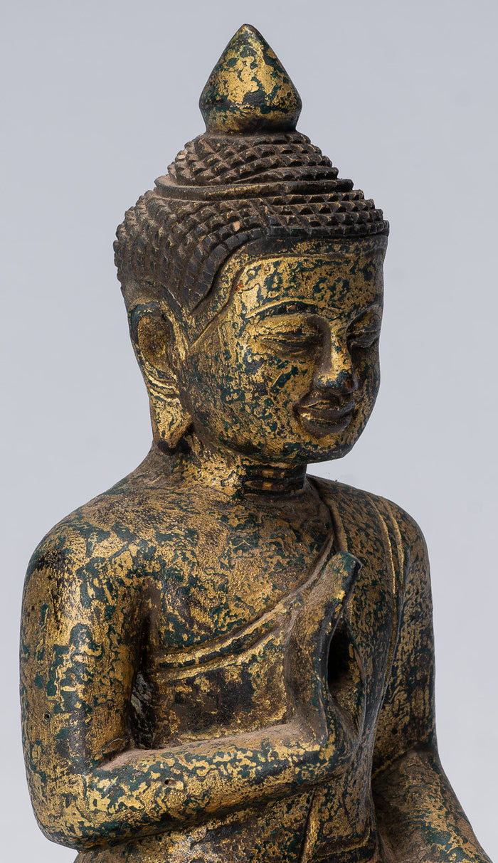 Buddha Sculpture - Buddha - Antique Khmer Style Seated Wood Buddha Statue Teaching Mudra - 21cm/8"