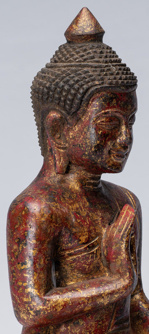 Buddha Sculpture - Buddha - Antique Khmer Style Seated Wood Buddha Statue Teaching Mudra - 27cm/11"