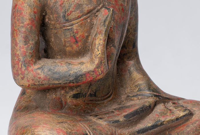 Buddha Sculpture - Buddha - Antique Khmer Style Seated Wood Buddha Statue Teaching Mudra - 21cm/8"