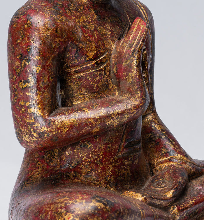Buddha Sculpture - Buddha - Antique Khmer Style Seated Wood Buddha Statue Teaching Mudra - 27cm/11"