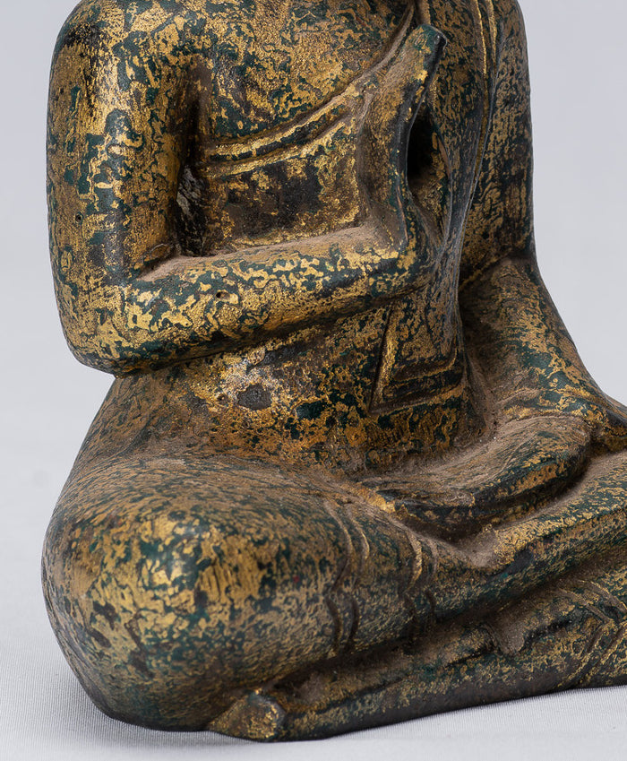 Buddha Sculpture - Buddha - Antique Khmer Style Seated Wood Buddha Statue Teaching Mudra - 21cm/8"