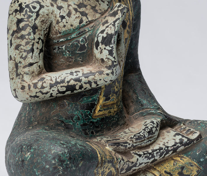 Buddha Sculpture - Buddha - Antique Khmer Style Seated Wood Buddha Statue Teaching Mudra - 21cm/8"